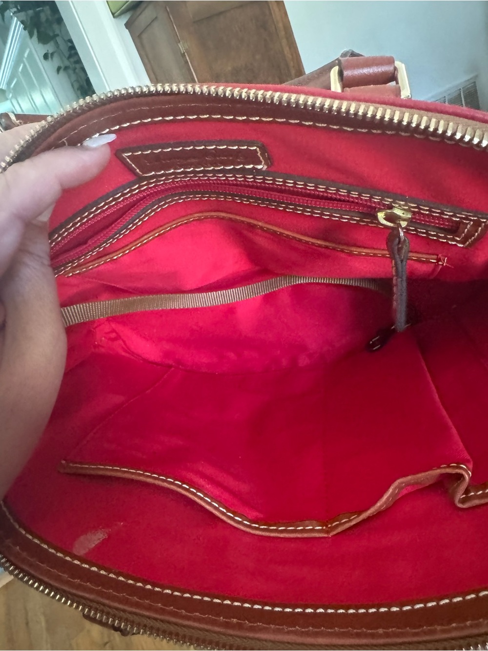 Dooney & Burke Red Dome Satchel Handbag with Tan Trim - Picture 10 of 14